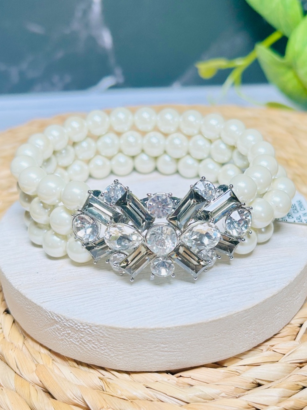 Charter Club Art Deco Glass Pearl Rhinestone Triple Strand Bracelet NWT